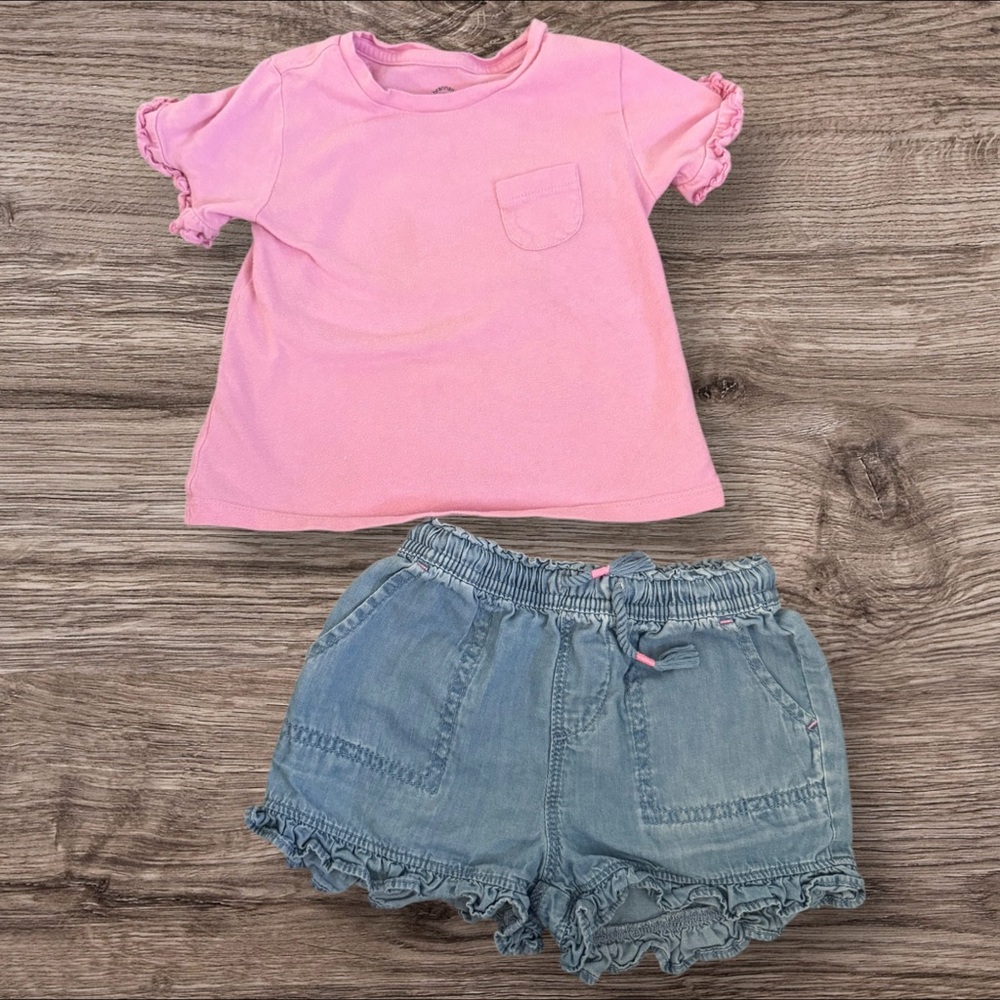 Pink Ruffle Sleeve Top and Blue Denim Shorts Set